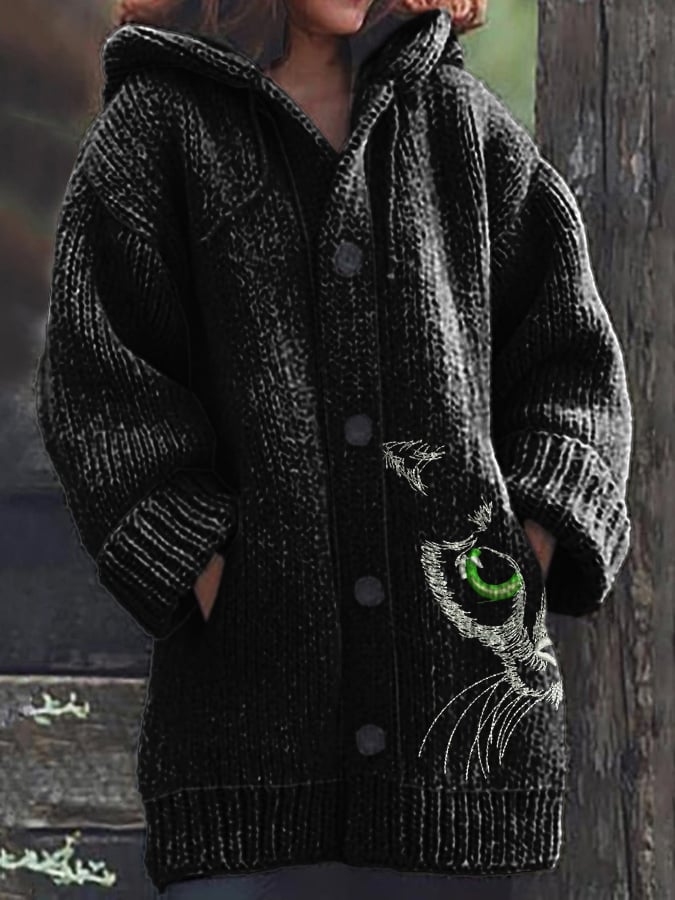 Women's Vintage Cute Cats Print Knitted Hooded Cardigan