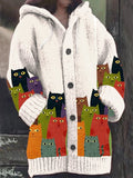 Women's Vintage Cute Cats Print Knitted Hooded Cardigan