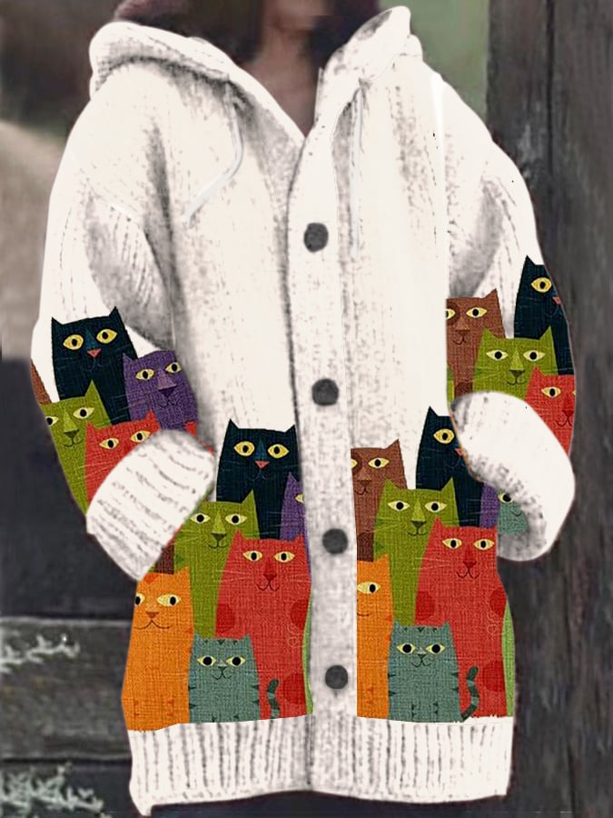 Women's Vintage Cute Cats Print Knitted Hooded Cardigan