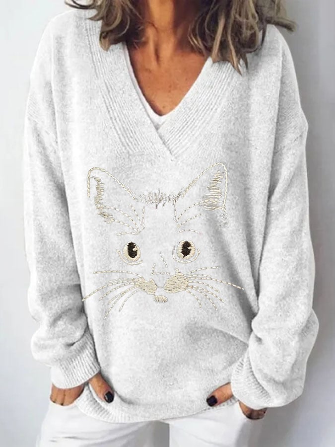Women's Cat  Print Casual Long Sleeve Sweater