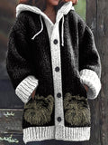 Women's Vintage Cute Cats Print Knitted Hooded Cardigan