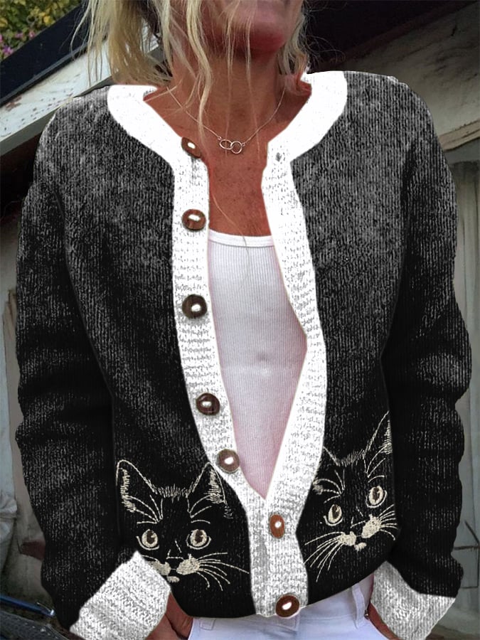 Women's Cute Cats Printing Flowers Knit Cardigan