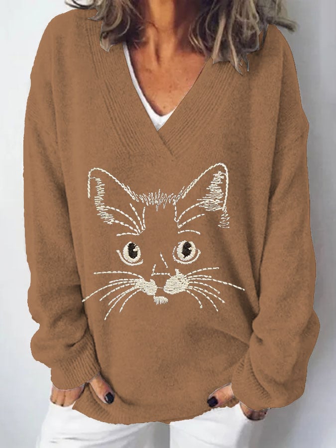 Women's Cat  Print Casual Long Sleeve Sweater