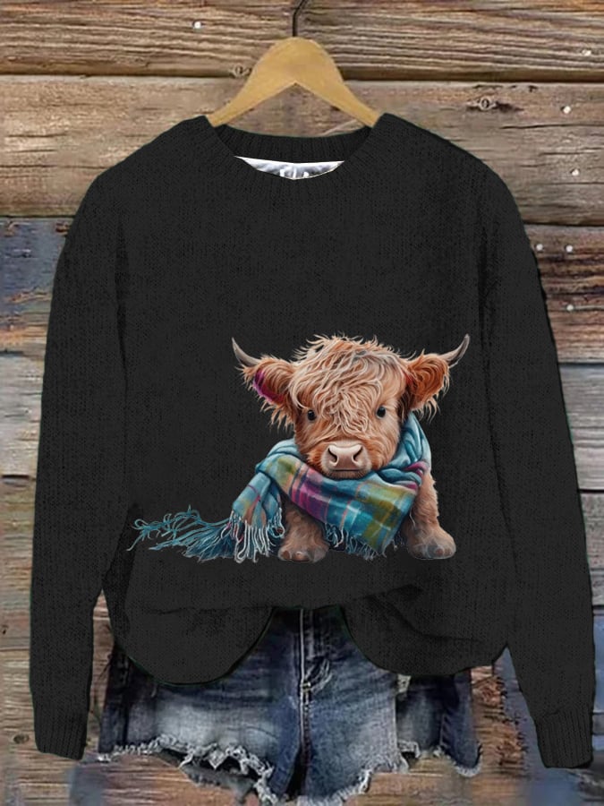 Women's West Highland Cow Print Crew Neck Casual Woolen Wear