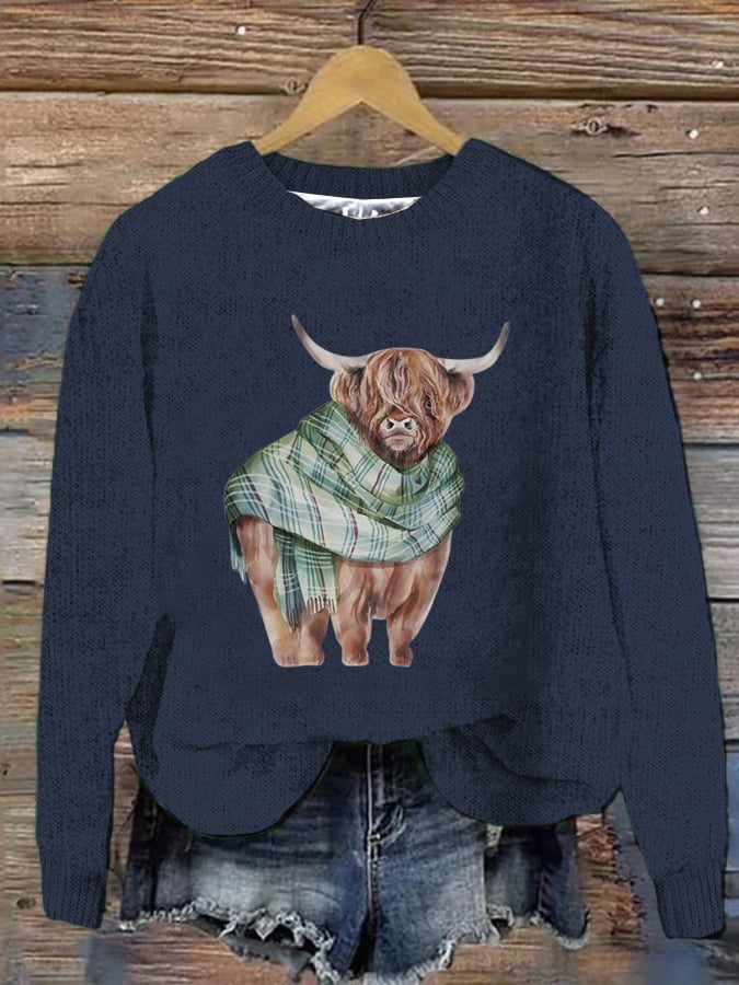Women's West Highland Cow Print Crew Neck Casual Woolen Wear