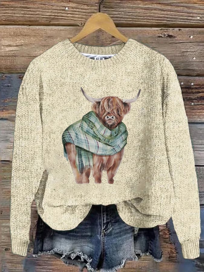 Women's West Highland Cow Print Crew Neck Casual Woolen Wear