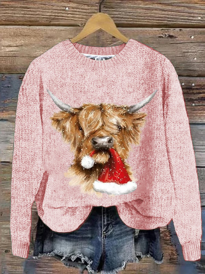 Women's West Highland Cow Print Crew Neck Casual Woolen Wear