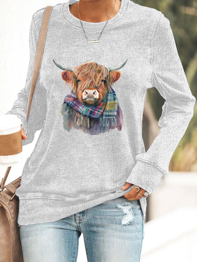 Women's West Highland Cow Print Long Sleeve Casual T-Shirt