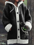 Women's Vintage Cute Cats Print Knitted Hooded Cardigan