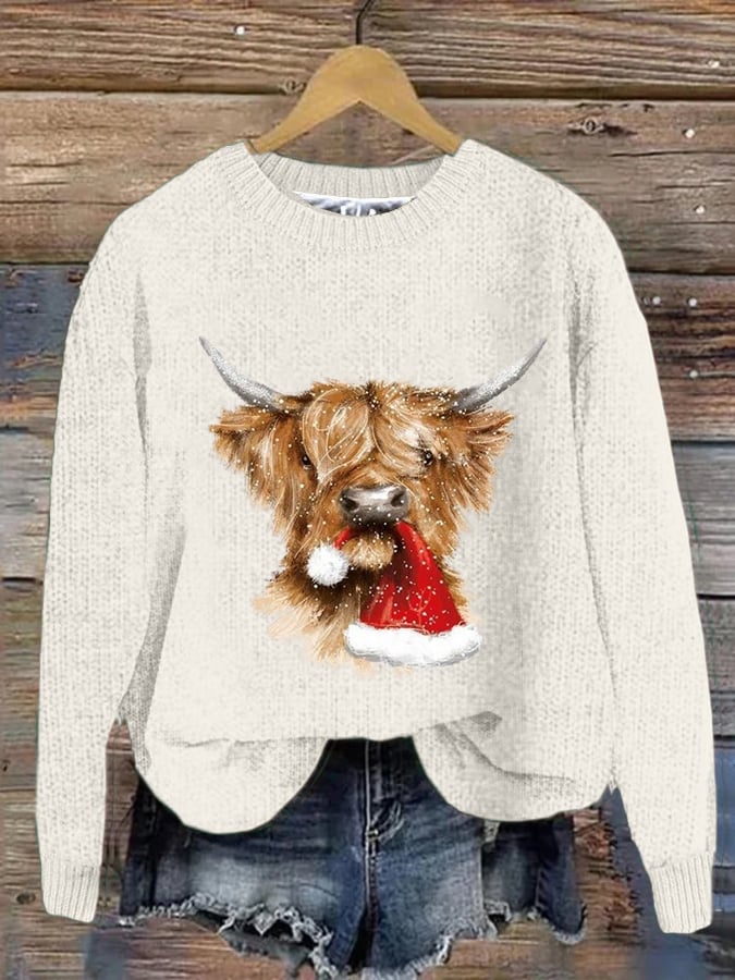 Women's West Highland Cow Print Crew Neck Casual Woolen Wear