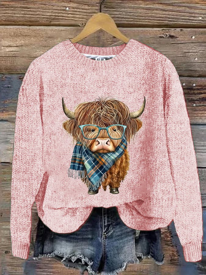 Women's West Highland Cow Print Crew Neck Casual Woolen Wear