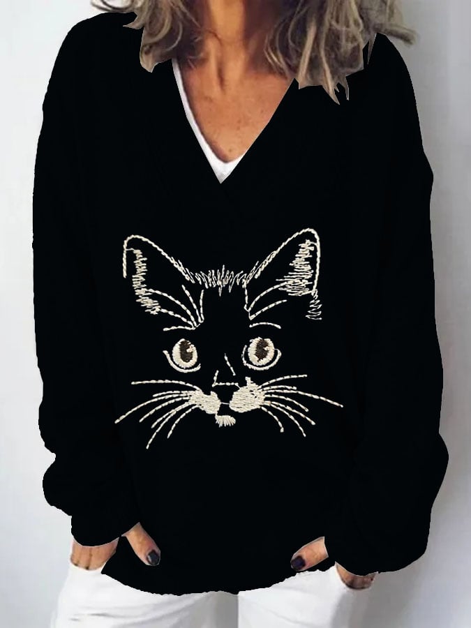 Women's Cat  Print Casual Long Sleeve Sweater