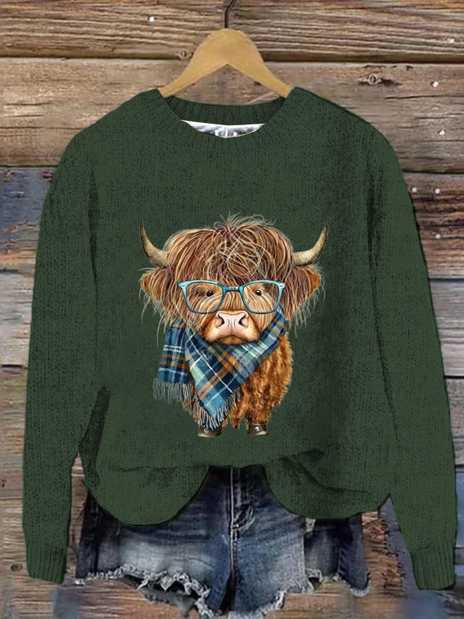 Women's West Highland Cow Print Crew Neck Casual Woolen Wear