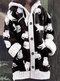 Women's Vintage Cute Cats Print Knitted Hooded Cardigan
