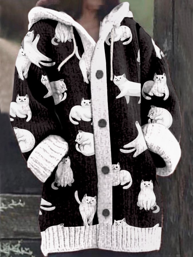 Women's Vintage Cute Cats Print Knitted Hooded Cardigan