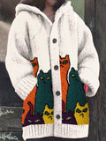 Women's Vintage Cute Cats Print Knitted Hooded Cardigan