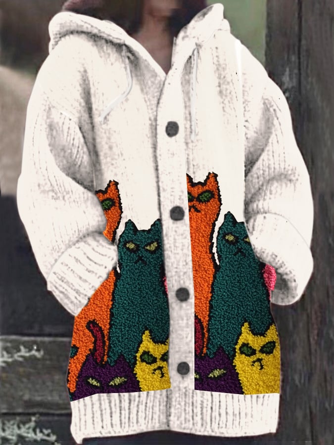 Women's Vintage Cute Cats Print Knitted Hooded Cardigan