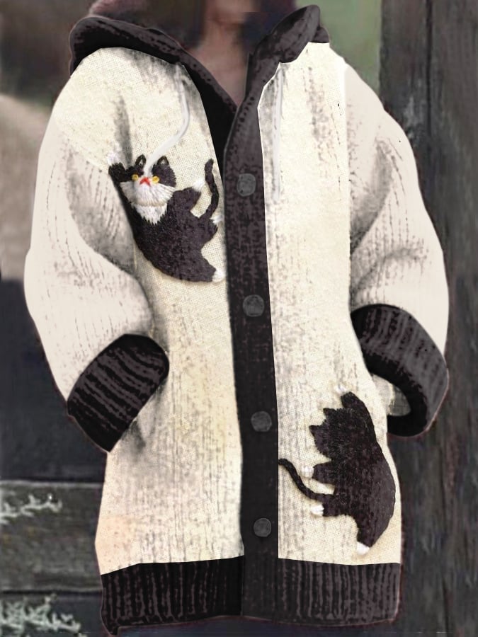 Women's Vintage Cute Cats Print Knitted Hooded Cardigan
