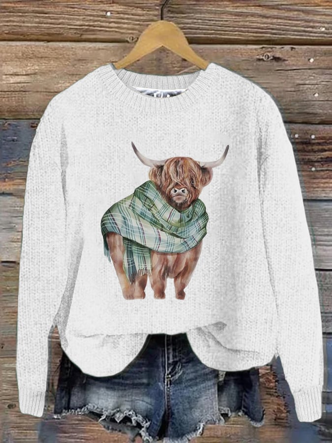 Women's West Highland Cow Print Crew Neck Casual Woolen Wear