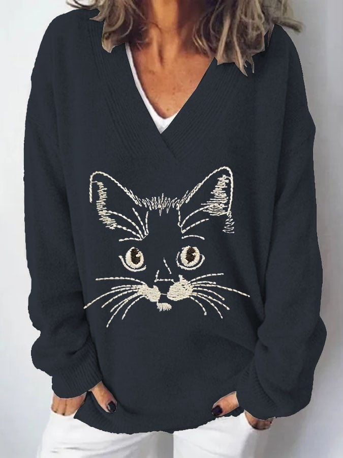 Women's Cat  Print Casual Long Sleeve Sweater