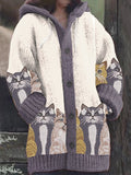 Women's Vintage Cute Cats Print Knitted Hooded Cardigan