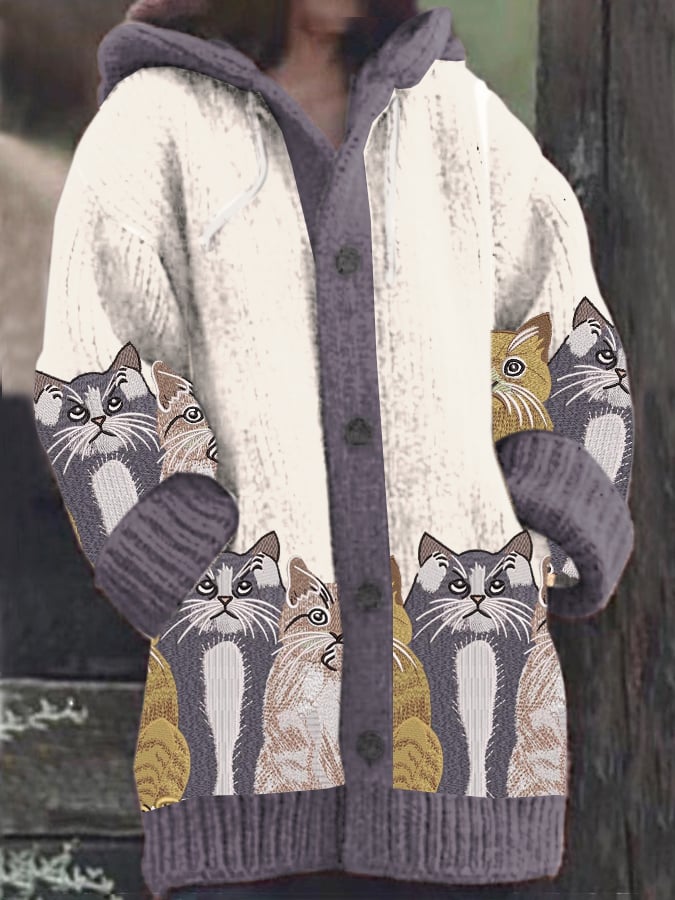 Women's Vintage Cute Cats Print Knitted Hooded Cardigan