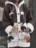 Women's Vintage Cute Cats Print Knitted Hooded Cardigan