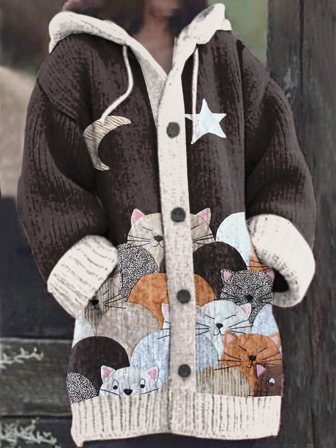 Women's Vintage Cute Cats Print Knitted Hooded Cardigan
