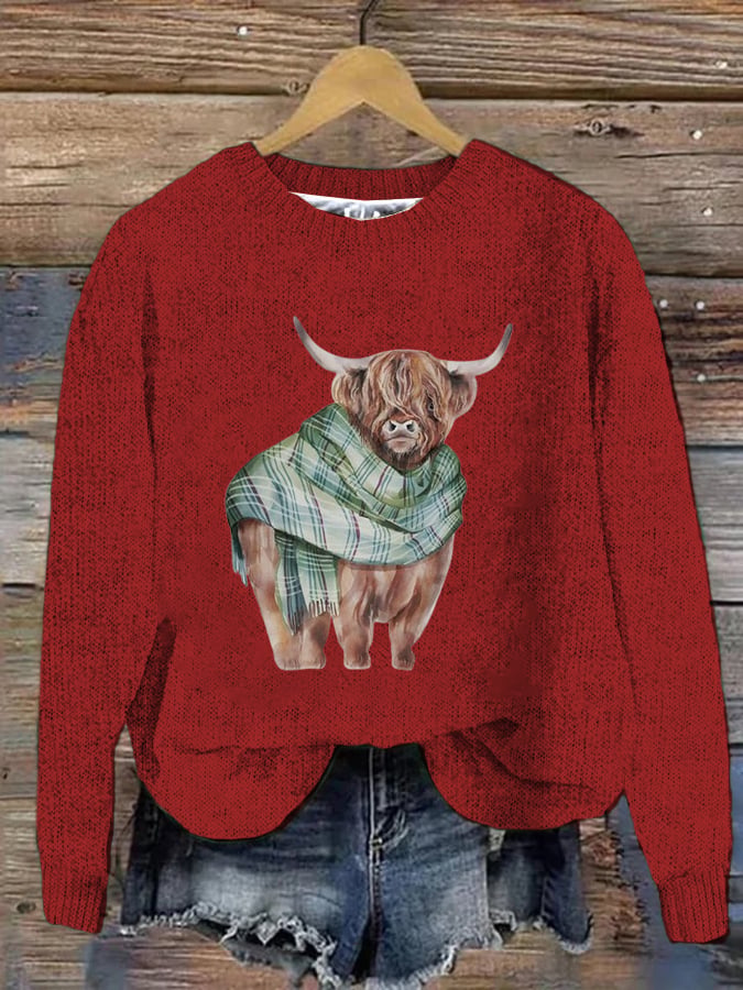 Women's West Highland Cow Print Crew Neck Casual Woolen Wear