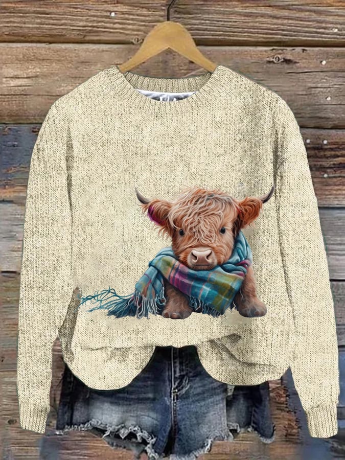 Women's West Highland Cow Print Crew Neck Casual Woolen Wear