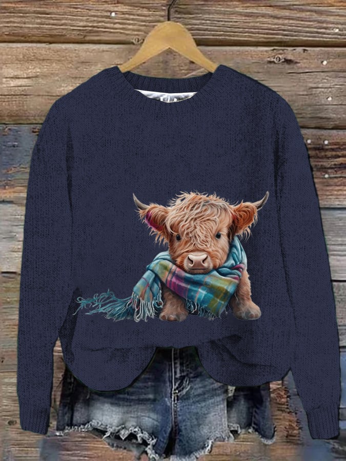 Women's West Highland Cow Print Crew Neck Casual Woolen Wear