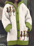 Women's Vintage Cute Cats Print Knitted Hooded Cardigan