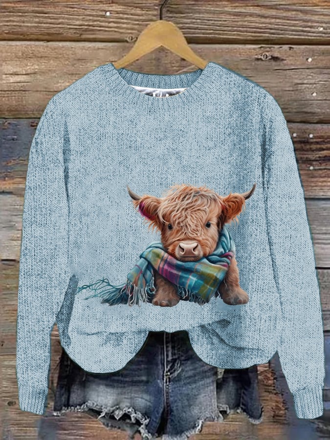 Women's West Highland Cow Print Crew Neck Casual Woolen Wear