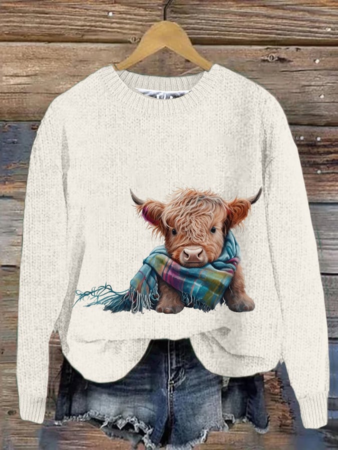 Women's West Highland Cow Print Crew Neck Casual Woolen Wear