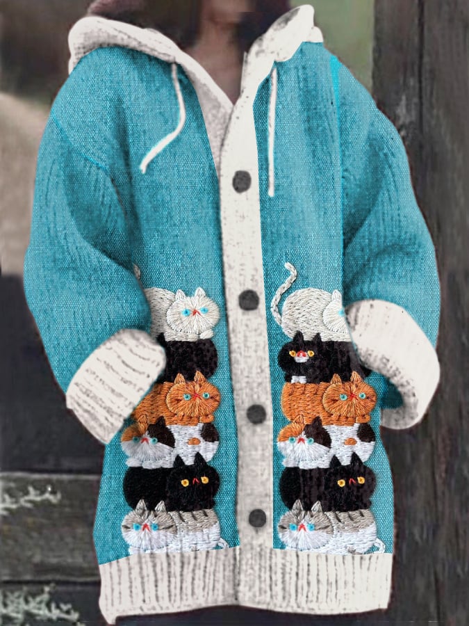 Women's Vintage Cute Cats Print Knitted Hooded Cardigan