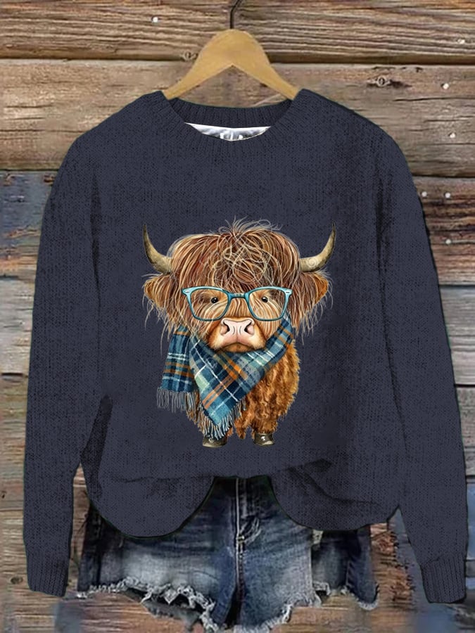 Women's West Highland Cow Print Crew Neck Casual Woolen Wear