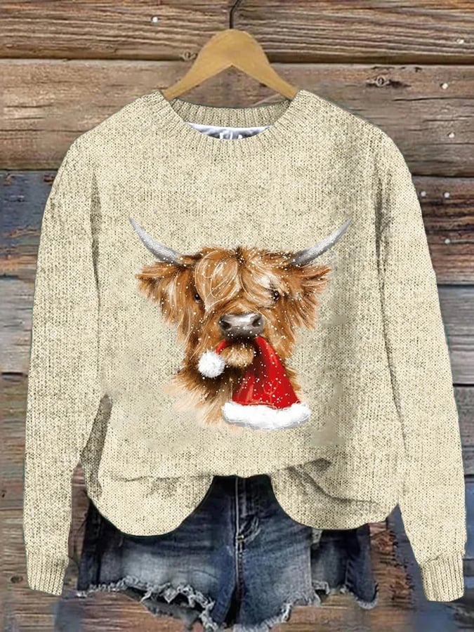 Women's West Highland Cow Print Crew Neck Casual Woolen Wear